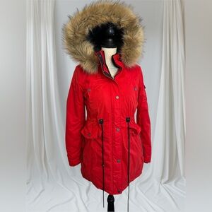 SuperDry  Microfibre Red Detachable Hoodie Coat Puffer Jacket Women's Size 4